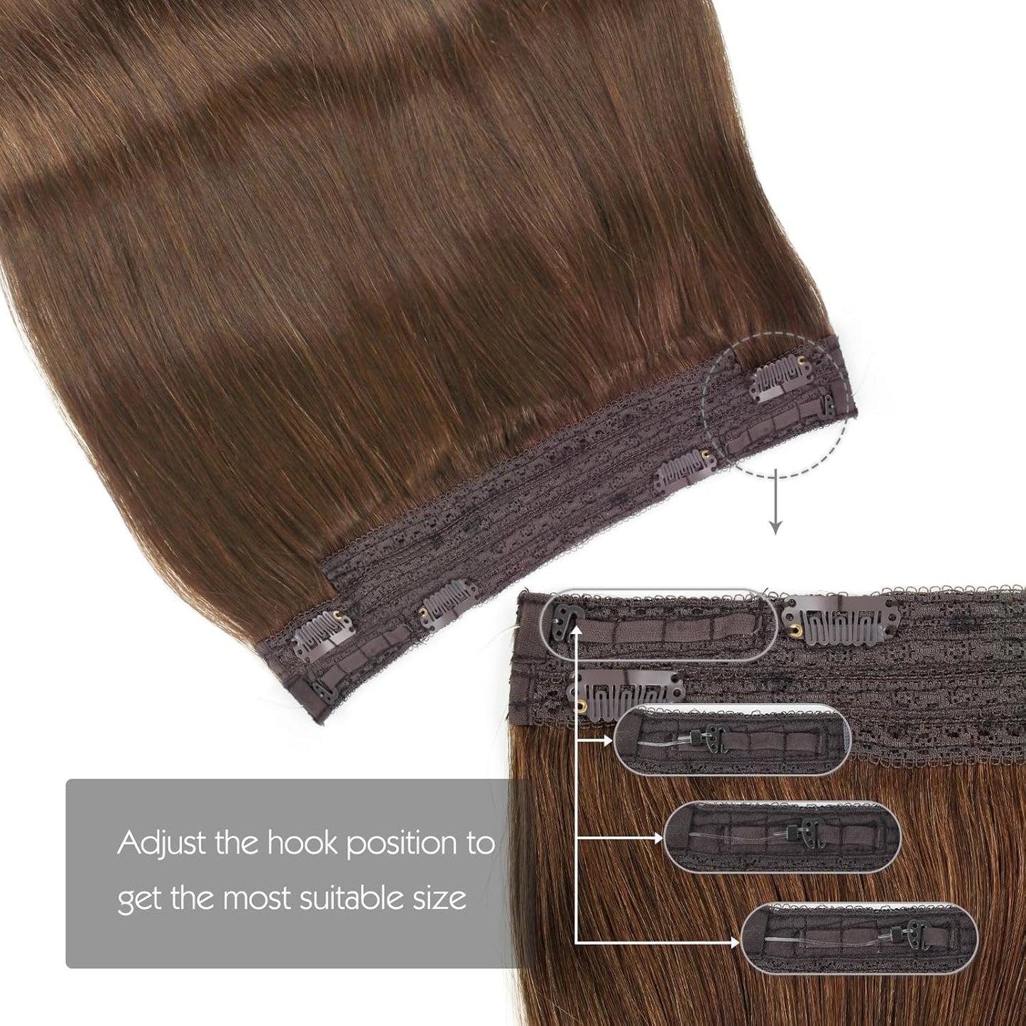 Sassina Invisible Wire Hair Extensions Real Human Hair with Transparent Wire Adjustable Size Secure Clips Natural Straight Secret Miracle Hairpiece, #4 Medium Brown 70 Gram 12 Inch