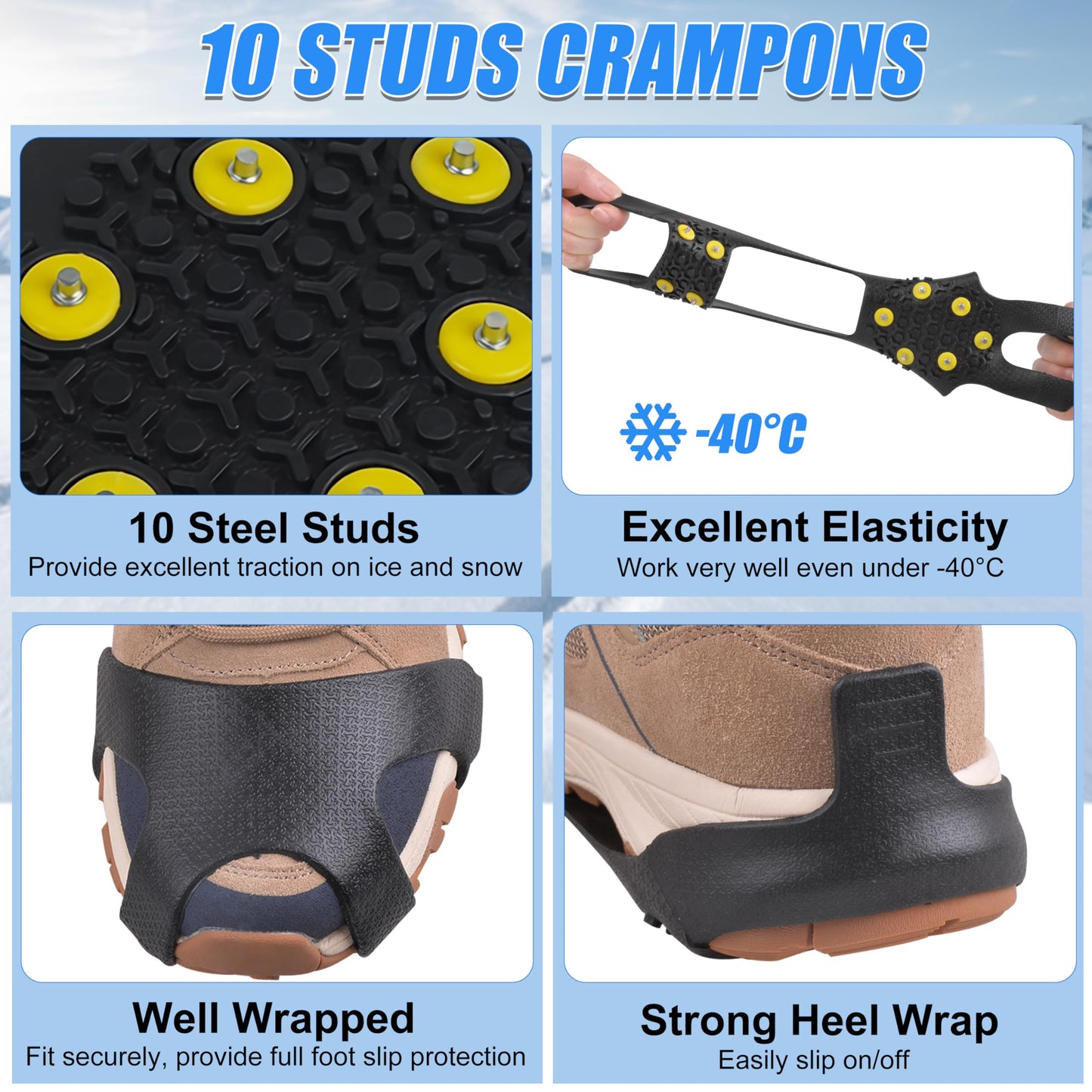 Ice Cleats Snow Traction Cleats, 10-Studs Walk Traction Cleats Crampons for Walking on Snow and Ice Anti Slip Rubber Walking Cleats Slip-on Stretch Footwear for Women Men Kids (Size XL)