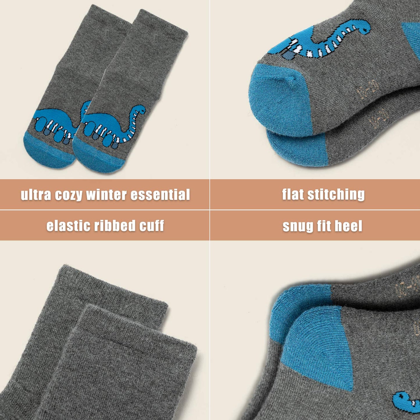 HowJoJo Boys Wool Socks Kids Winter Warm Socks Dinosaur Crew Socks 6 Pack 6-8 Years