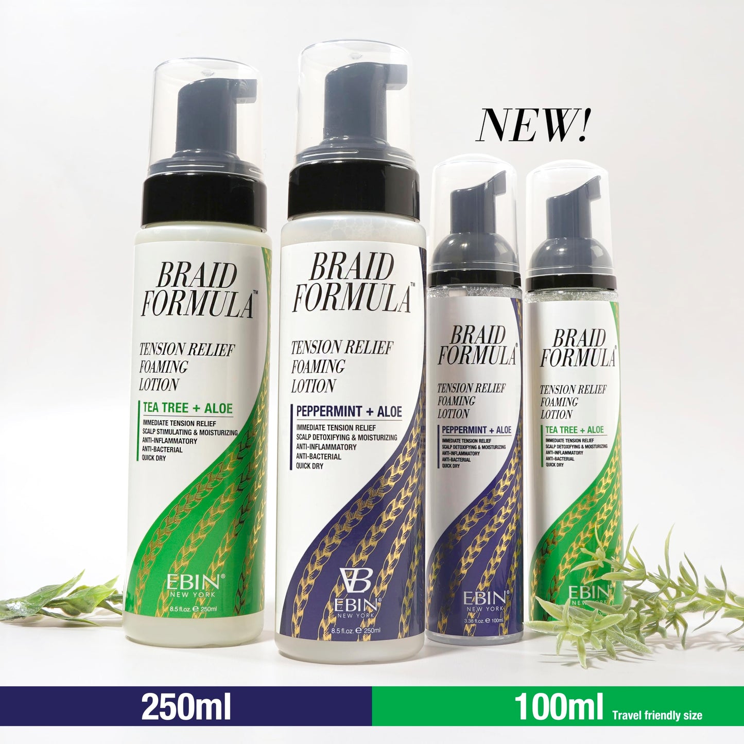 EBIN NEW YORK Braid Formula Tension Relief Foaming Lotion Tea Tree & Aloe 3.38 fl. oz. 100ml Nourishing and Hydration, Style your Braids with Ease, Frizz Control