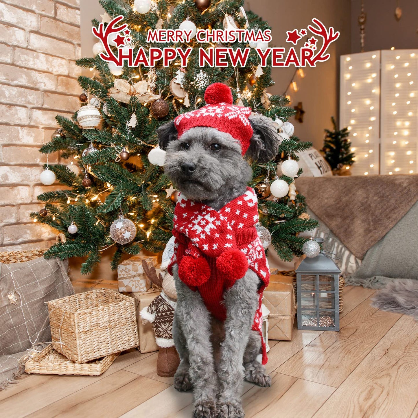 HRTTSY Dog Christmas Sweater Scarf and Hat Set for Small Dogs Cute Ugly Xmas Reindeer Snowflakes Puppy Cat Winter Clothes Soft Warm Fall Kitten Puppy Sweatshirt Pet Costume Chihuahua Outfits(Red,L)