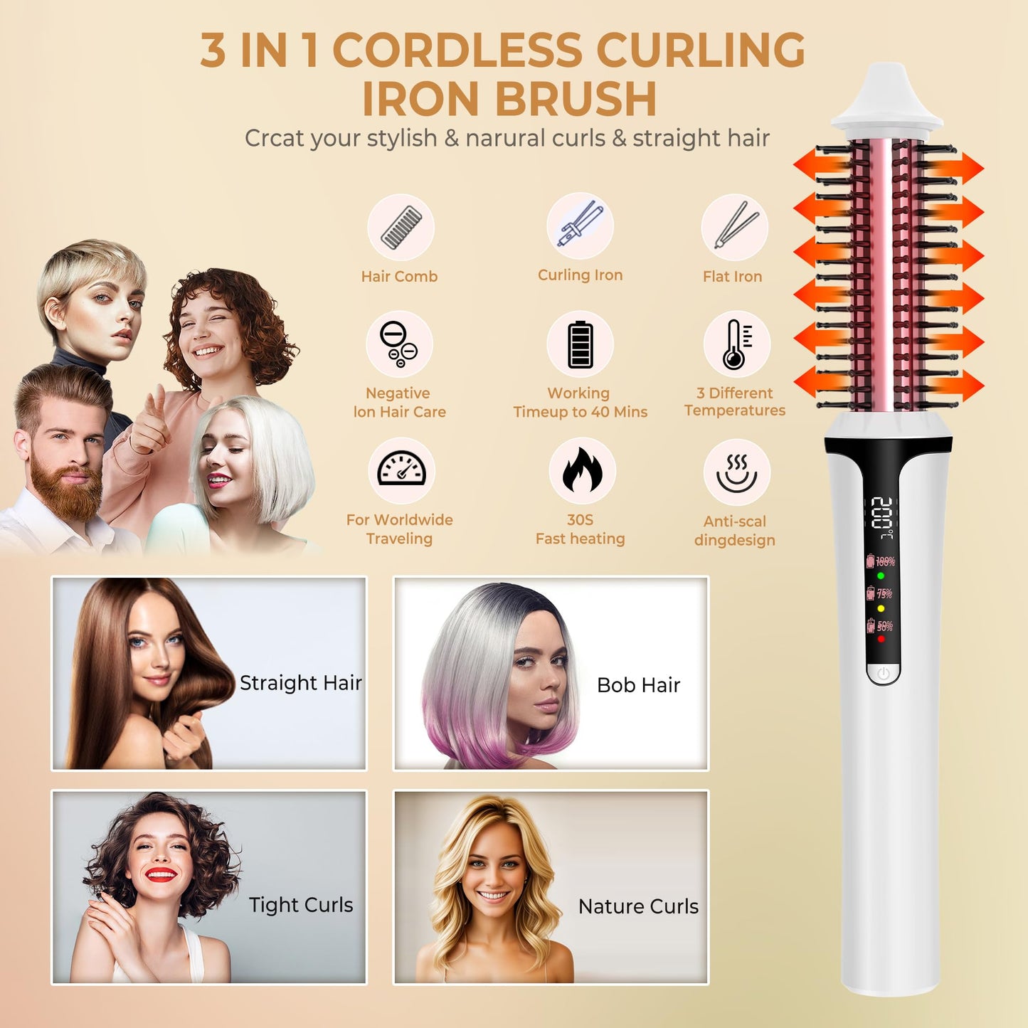Cordless Curling Brush,4000 mAh USB Cordless Hair Curler with 3 Temp Setting Mini Travel Curling Iron Rechargeable, Ceramic Battery Powered Curling Iron