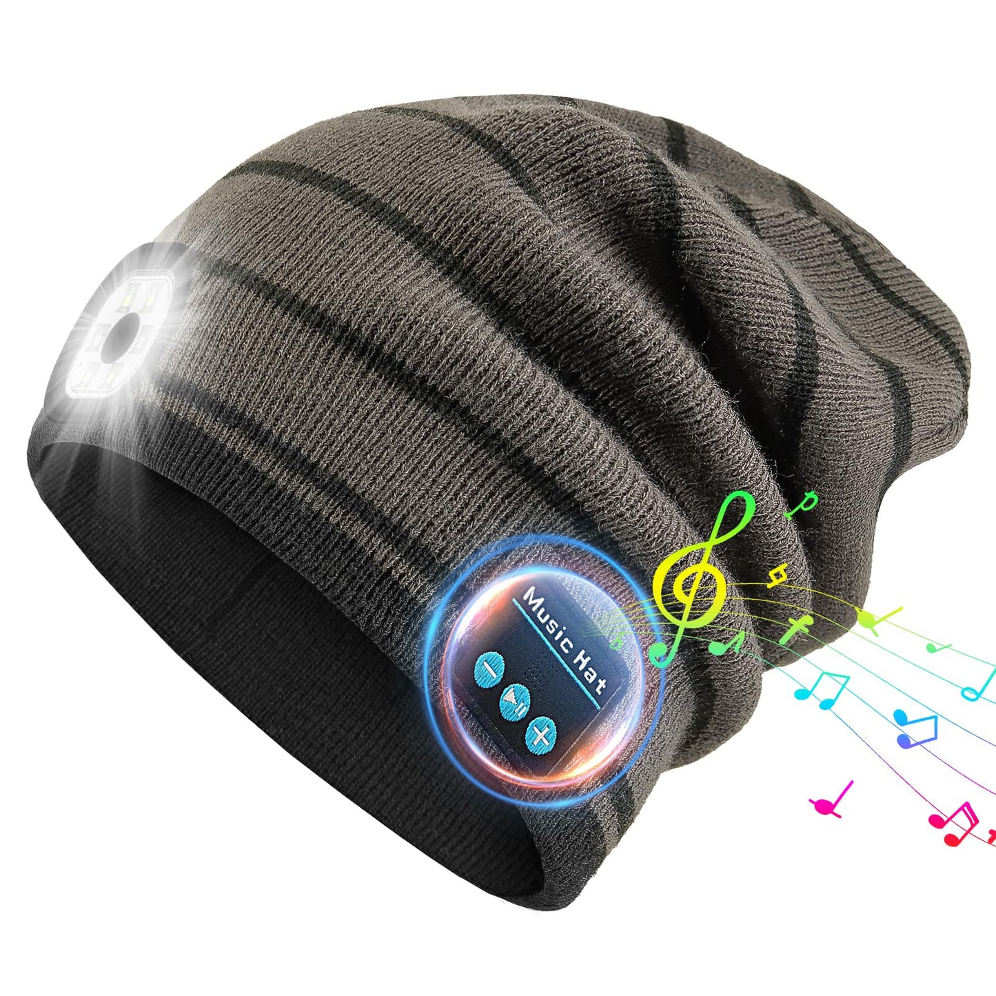 Rotibox Bluetooth Beanie with Light, Hat Wireless Headphone for Outdoor Sports Xmas Gifts Stocking Stuffers for Men, Women, Teens-Black/Gray