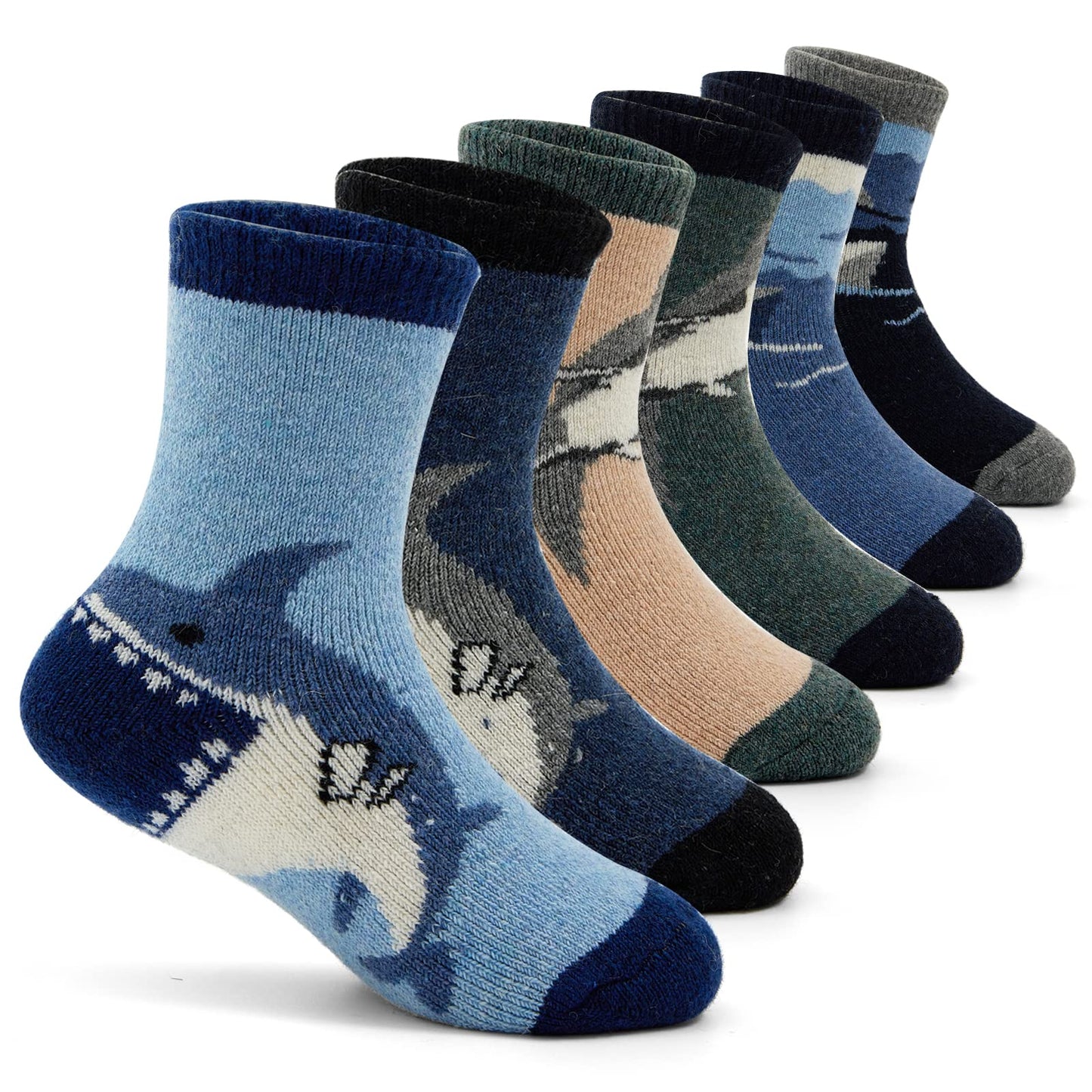 Boys Wool Socks Kids Thick Winter Socks Thermal Crew Socks for Boys 6 Pairs Big Sharks Size 6-8 Years