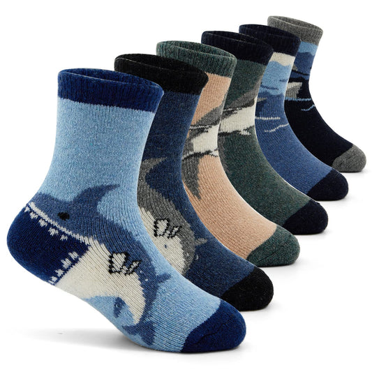 Boys Wool Socks Kids Thick Winter Socks Thermal Crew Socks for Boys 6 Pairs Big Sharks Size 6-8 Years