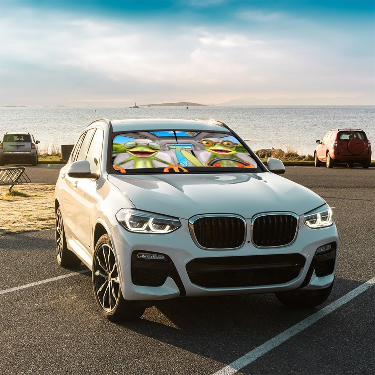 2025 Upgrade Funny Animals Car Windshield Sun Shade Umbrella 5 Layers Nano Coatings Frog Driving Car Front Window UV Block Sunshade Cover for Most Cars SUV Universal Size 57"x30"