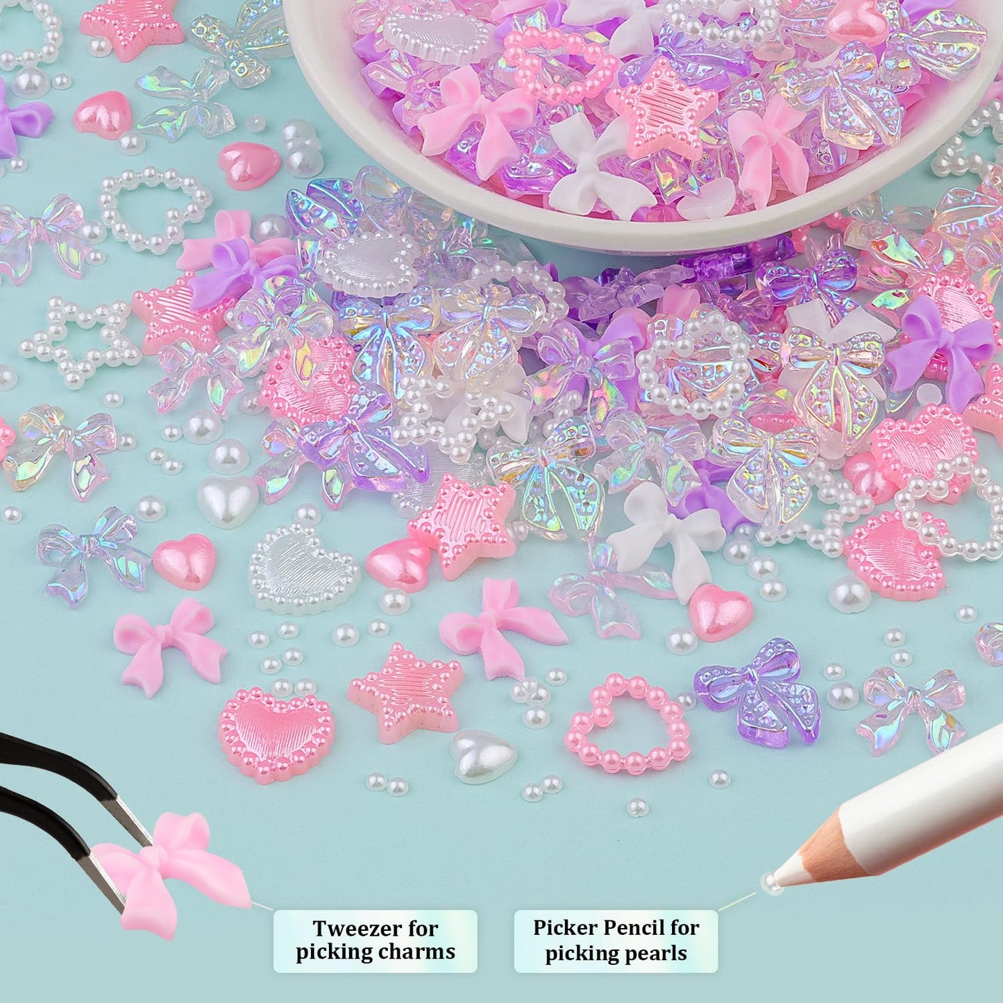 500 Pcs 3D Nail Charms and Flatback Pearls #11, 6 Colors Bow + Pink&White Star Heart Cute Charms + 2-6mm White Pearls for Nail Art Design with Nail Charm Glue(UV Needed) and Pickup Tools