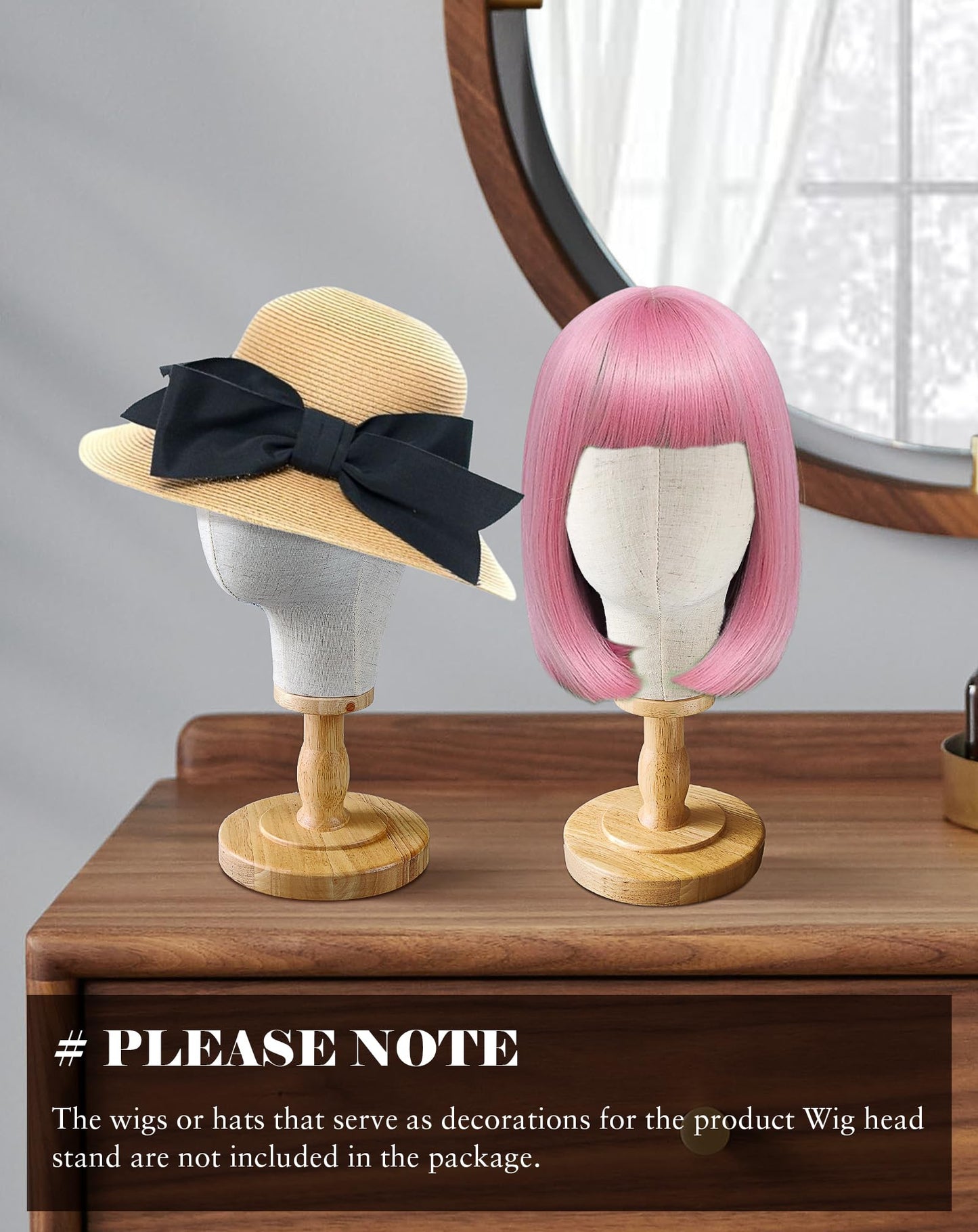 CHADWICK Wig Head Stand Mannequin Head Hat Display Stand Linen Wig Holder, Hat Rack Fabric Head, Canvas Dome + Detachable Wood Stand, Wig Display Model Head Wig Stand for Wigs, Hats, Caps, Headdress
