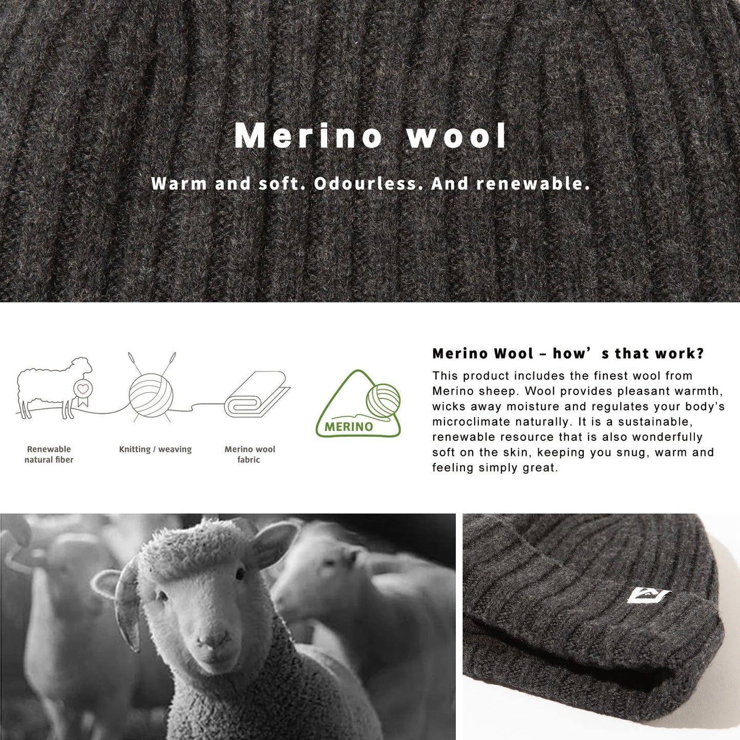 Dark Grey XL/XXL Winter Beanie 100% Merino Wool Fleece Lined Knit Cap Warm Hat for Big Head Mens Womens Cold Weather