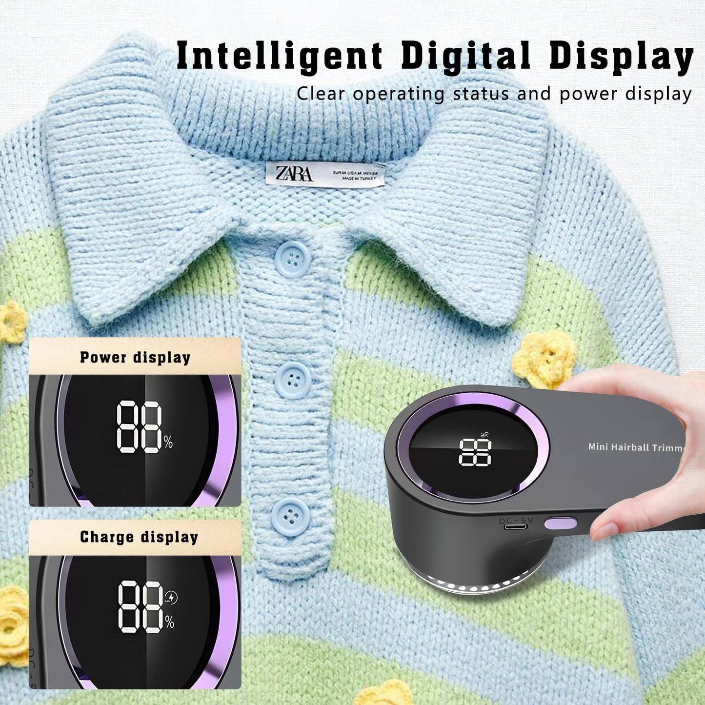 Intelligent Digital Display Lints Shaver, Rechargeable Fabric Shaver, Electric Lint Remover for Clothes, Pills Fuzzs Bobbles Trimmer, Depiller Effectively Remove Clothing Pills Lint Balls Fuzz(Gray)