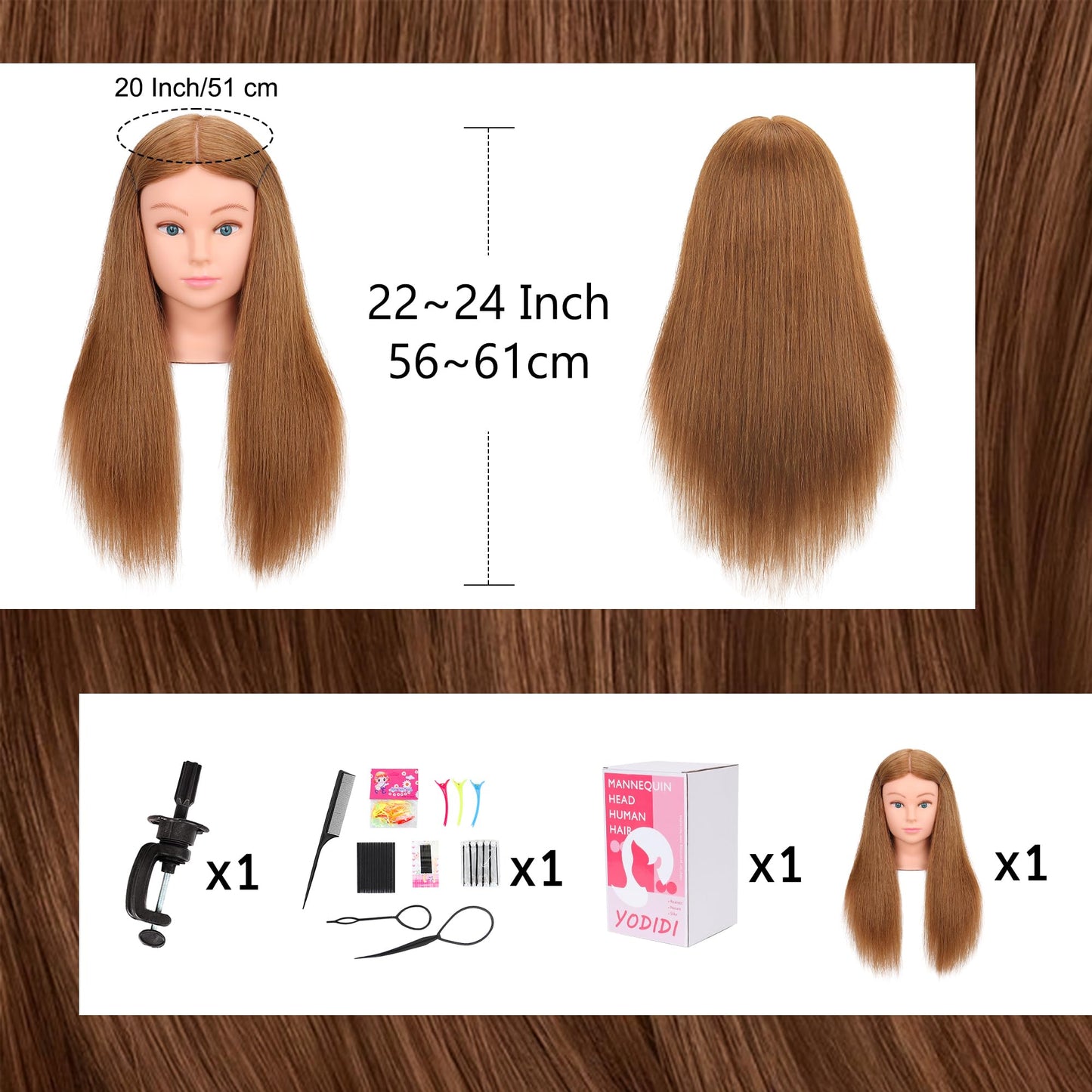 Mannequin Head Human Hair 22"-24" Female 100% Human Hair Mannequin Head Hair Styling Cosmetology Manikin Head Doll Head for Hairdresser with Free Clamp Holder and Tools