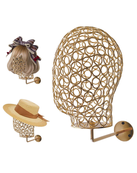 CHADWICK Wall Mount Hat Stand - Metal Hollow Mannequin Head Stand, Hanging Wig Holder 21Inch, Drying and Storage Organizer Rack, Display for Wigs, Caps, Earrings - Chrome Gold