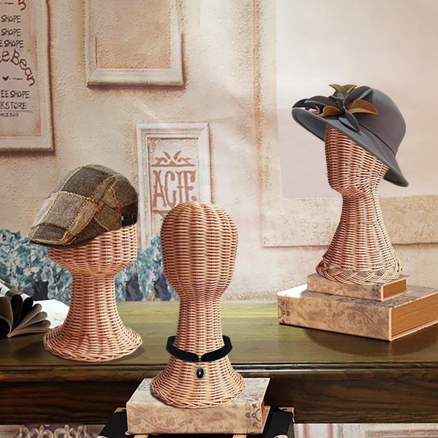 CHADWICK Mannequin Head Stand, Rattan Wig Stand, Hat & Wig Display Holder, Handmade Wicker Wig Head Stand, Vine Woven Hat Stand, Rustic Cap Racks for Home, Hair Salon, Showcase, Stable Base, Brown