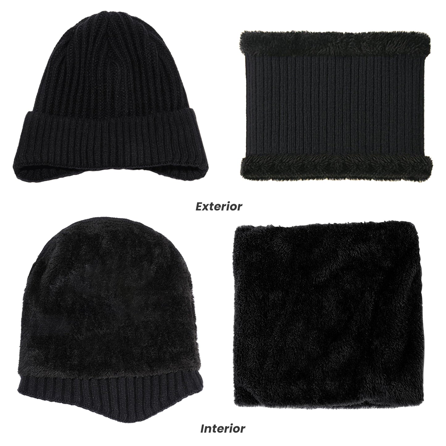 Winter Beanie Hat Scarf for Men and Women,Warm Fleece Winter Hats and Neck Scarf Set,Christmas Gifts for Unisex Adult,Thick Lined Knit Winter Hat Scraf,Black