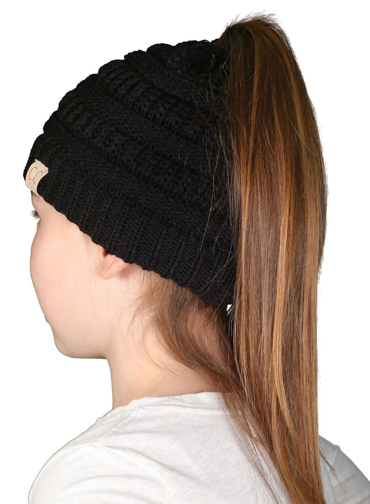 Funky Junque Kids Messy Bun Ponytail Winter Knit Hat Girls Beanie Tail - Black