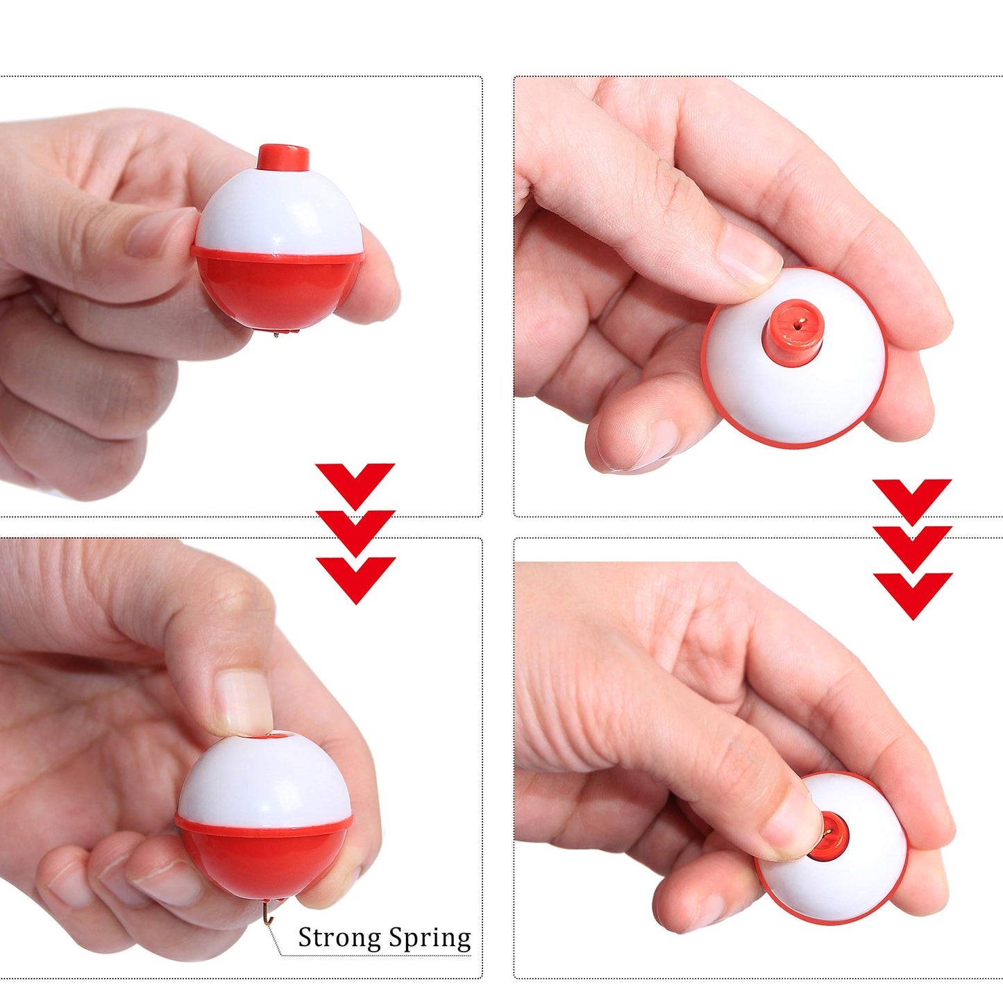 Fishing Bobbers Set Snap Hard ABS on Red/White Fishing Floats Bobbers Push Button Round Buoy Floats Fishing Tackle Accessories Size: 0.5/0.75/1/1.25/1.5/2/2.5 Inch 10pcs-50pcs/lot