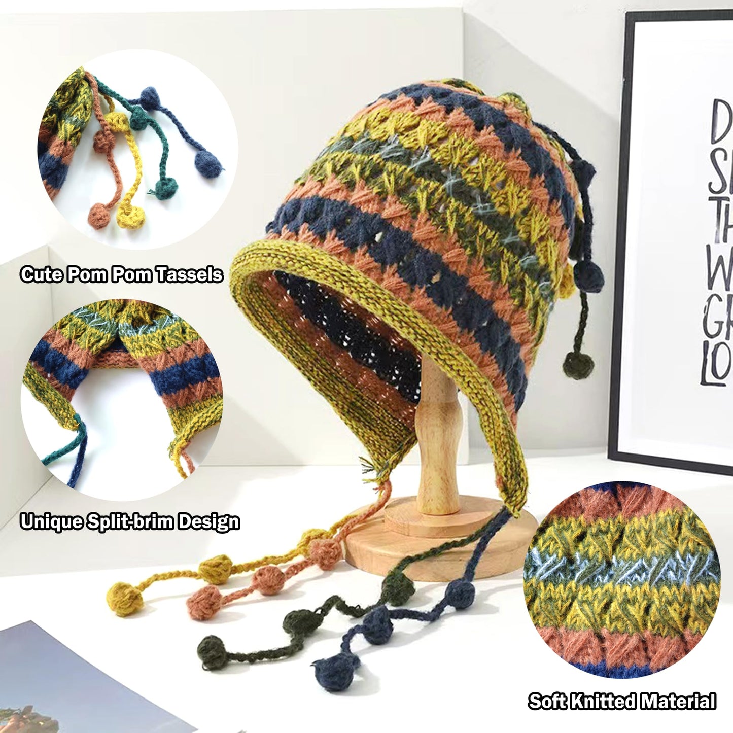 Colorful Crochet Beanie Hat for Women Ladies Knit Slouchy Beanies Ear Flaps with Cute Pom Pom Tassels Wide Brim Winter Fashion Rainbow Striped Skull Cap (Green Stripe)