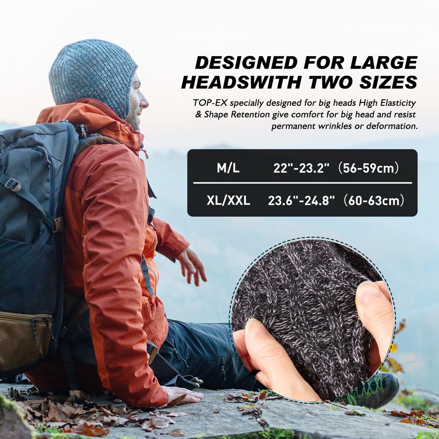 Oversized XL/XXL Merino Wool Blend Fleece Lining Waterproof Earflap Beanie Hat Extra Large Big Head Men Women Winter Knit Warm Skull Cap Skiing Cold Weather Navy Blue