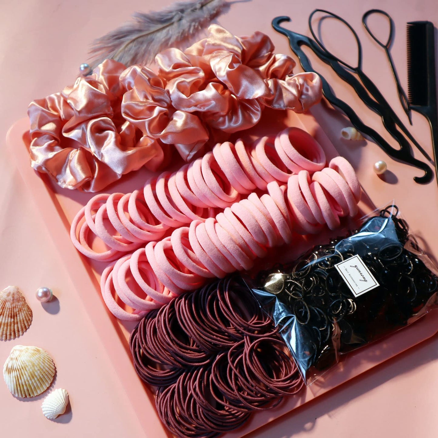 YANRONG 755PCS Hair Accessories for Woman Set Seamless Ponytail Holders Variety Hair Scrunchies Hair Bands Scrunchy Hair Ties For Thick and Curly (Pink)