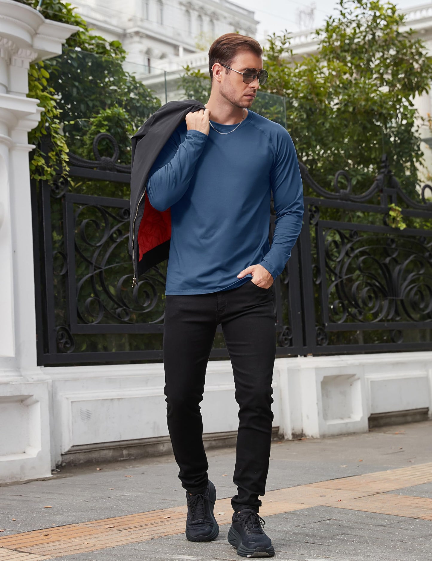 TACVASEN Athletic T Shirts for Men Raglan Long Sleeve Workout Shirt Winter Thermal Base Layer Cold Weather Blue Gray L
