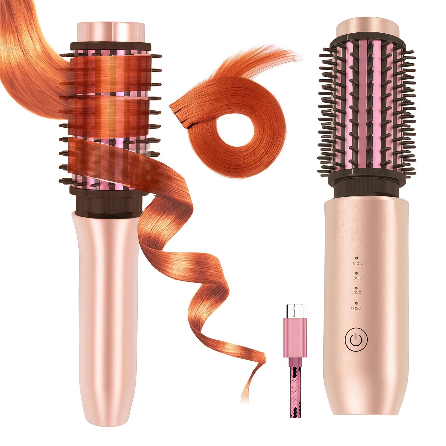 Satxtrem 2-in-1 Cordless Curling Iron & Straightener Brush,Heated Hair Styler with Needle Teeth Comb,USB-C Rechargeable,4 Temp,200M Ionic for Curls/Straightening/Smoothing (Women & Travel) (Pink Gold)