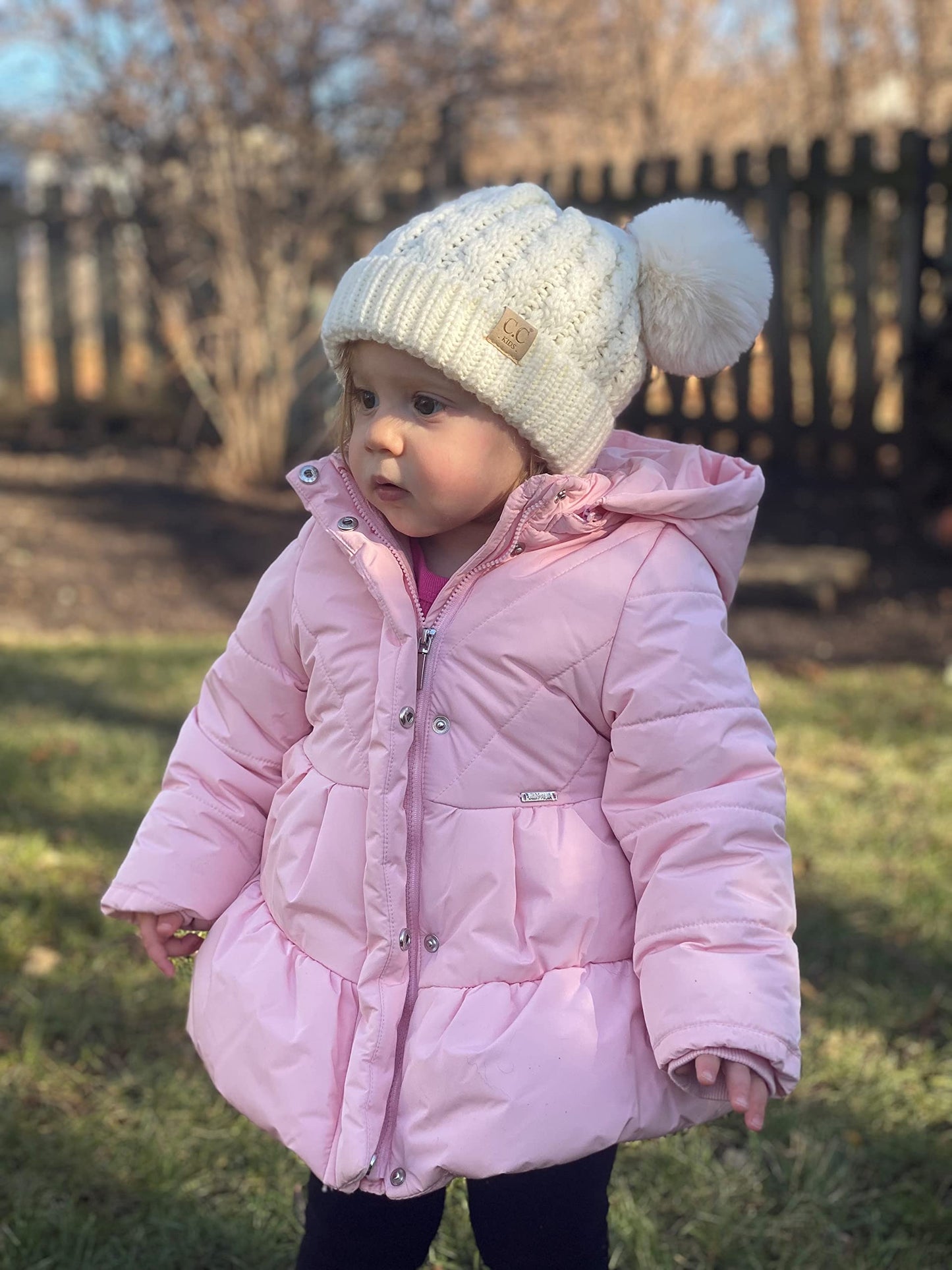 Funky Junque Double Pom-Pom Kids Beanie, Double Pom Pom Beanie Toddler 100% Acrylic Material, Soft and Warm, Toddler Winter Clothes Toddler Girl Winter Hat (Ivory - Ivory Faux Fur Pom)