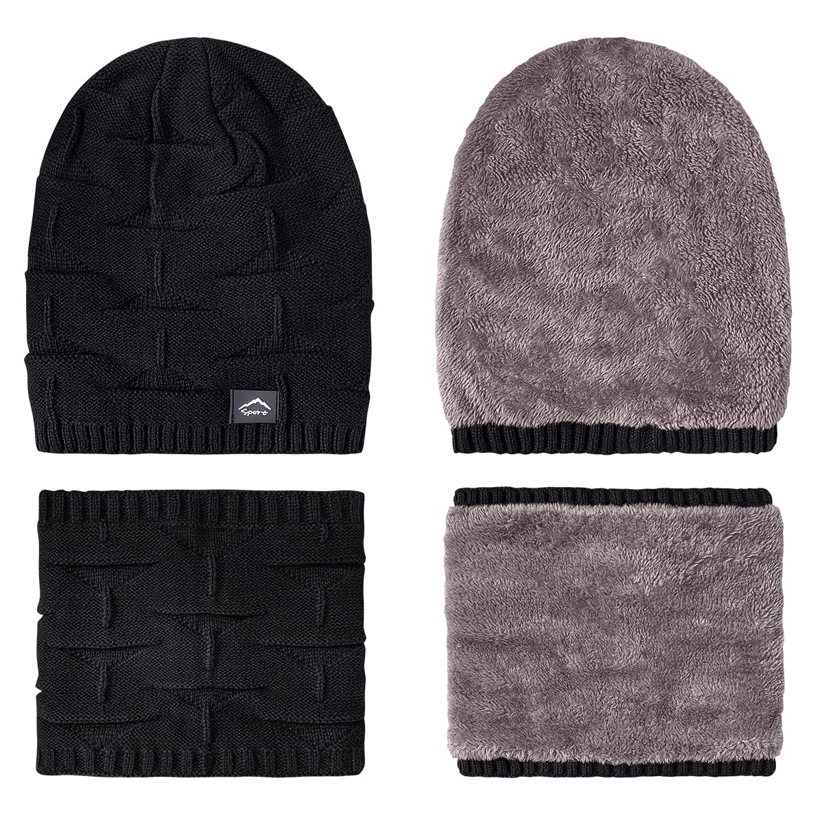 Winter Beanie Hat Scarf Touchscreen Glove Set for Men Women,Slouchy Knit Ski Cap Neck Warmer with Fleece Lined for Unisex (Black Beanie Scarf and polyester and spandex Black Glove)