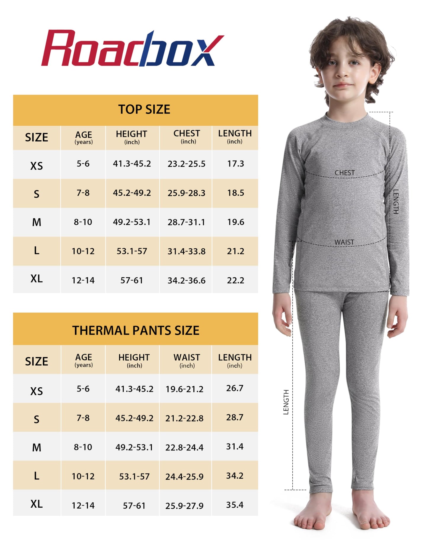 Roadbox Thermal Underwear for Boy - Fleece Lined Long Johns Warm Undershirt Cool Dry Base Layer Pants for Winter Running Grey