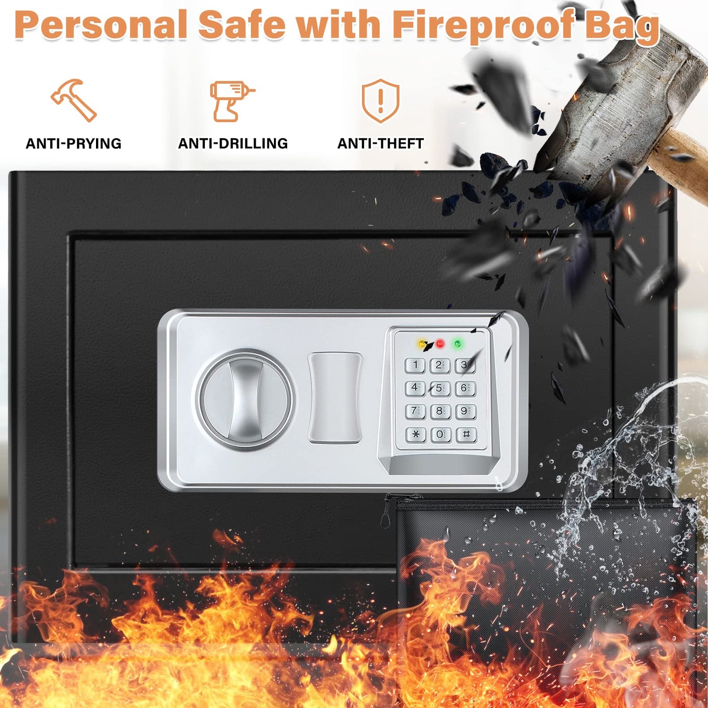 1.2 Cubic Personal Home Safe Box Fireproof Waterproof with Fireproof Bag, Fireproof Safes for Home with Removable Shelf, Fireproof and Waterproof Safe for Money Firearm Medicine Jewelry Document
