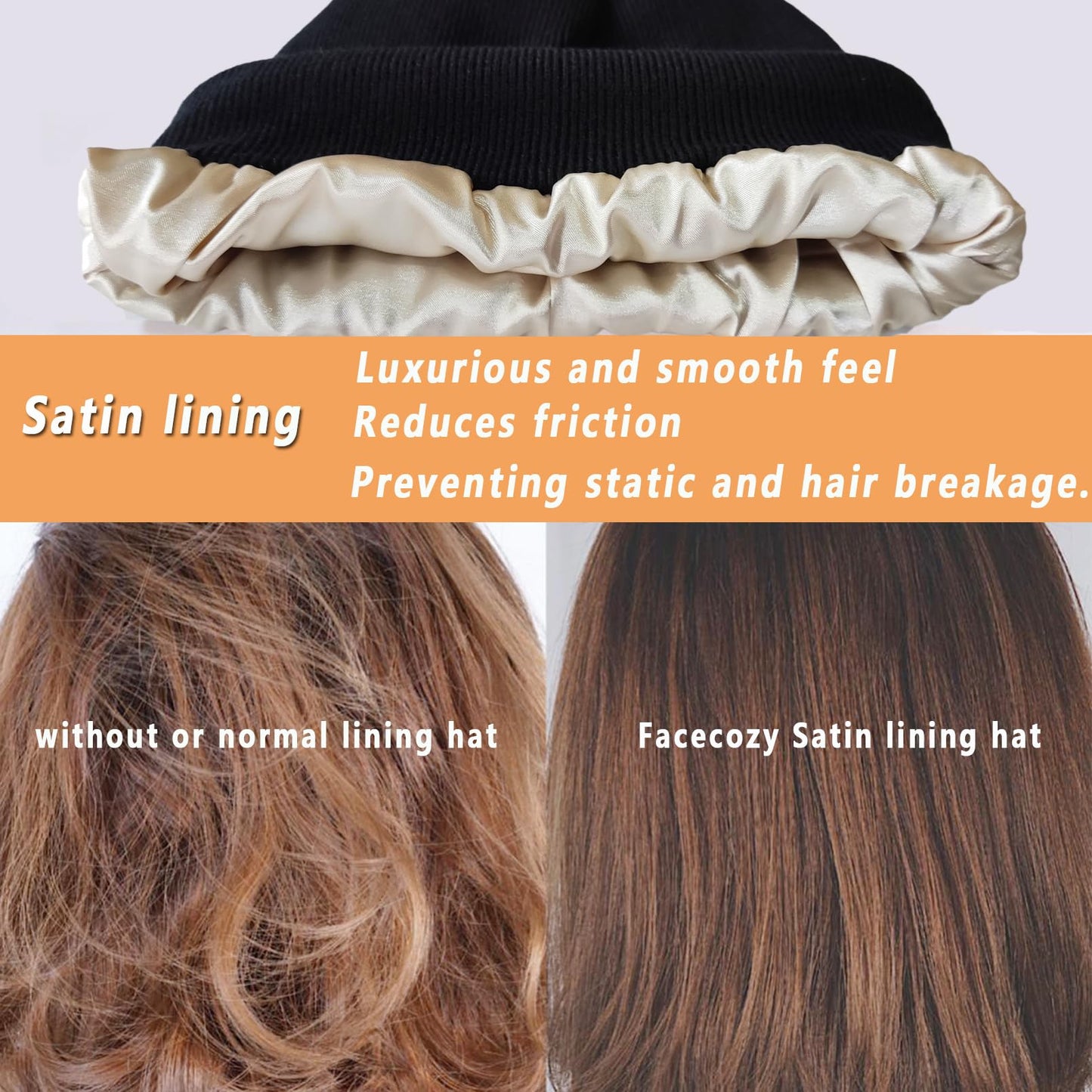 Facecozy 2 Pack Satin Lined Beanie Hats for Women Soft and Warm Winter Hats for Women Men Slouchy Beanie Hat(Black&Grey)