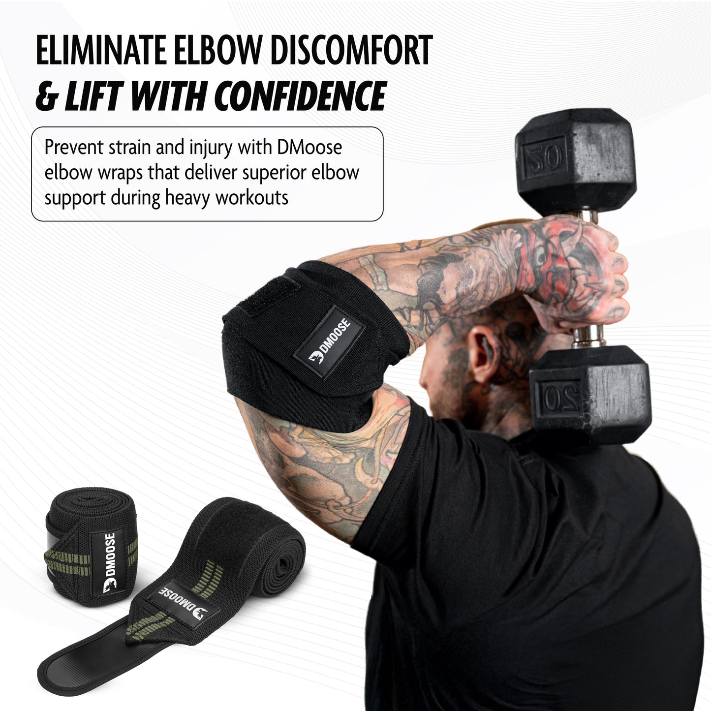 DMoose Fitness Elbow Wraps for Weightlifting, Bench Press, Cross Training & Powerlifting for Men and Women - 40" Nylon (Pair) Elbow Straps - Increases Stability of Joints and Support Injury Recovery