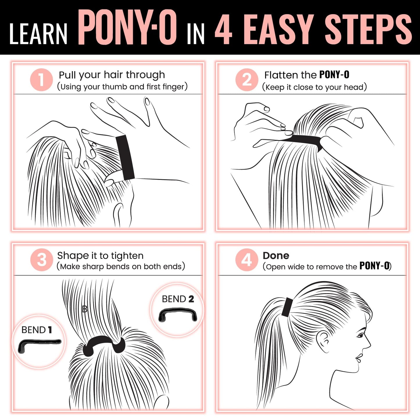PONY-O- Fine, Medium or Slightly Thick Hair - Original No Damage Volumizing Ponytail Hair Ties - Patented Bendable Design - Stylish Hair Accessories for Women - 2 Pack Black & Dark Blond - Medium