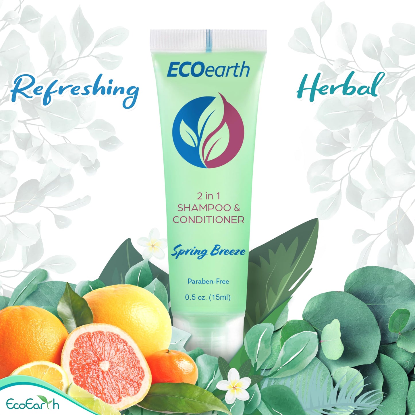 EcoEarth Travel Size Shampoo Conditioner 2-in-1 (0.5 fl oz, 100 PK, Spring Breeze) Delight Your Guests w/Revitalizing & Refreshing Conditioning Shampoo Amenities, Small Size Hotel Toiletries in Bulk