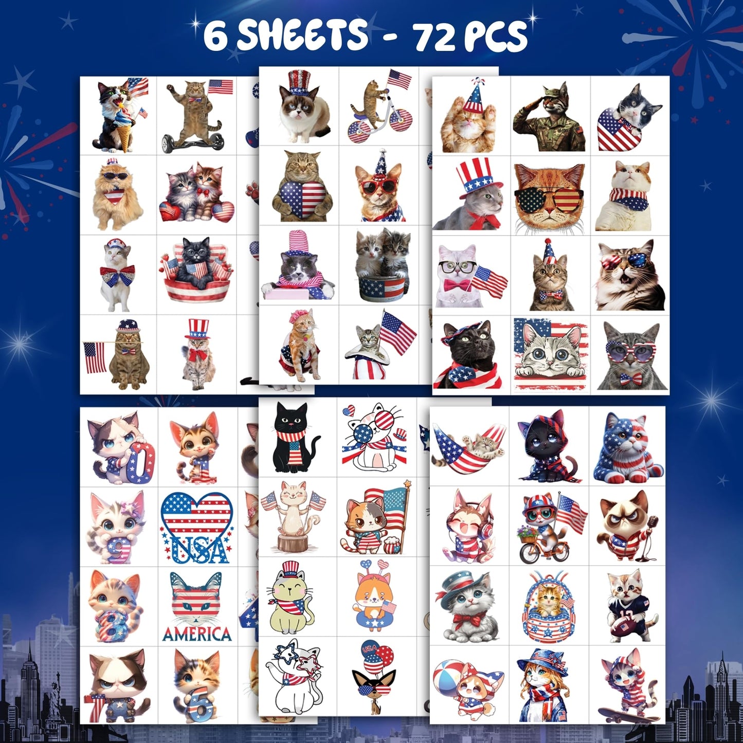 MIIVOYAGE 4th of July Temporary Tattoos – 72pcs Individually USA Cat, American Flag Tattoos, Fourth of July Decorations, America, Red White and Blue Party Supplies, USA, Memorial Day, Independence Day