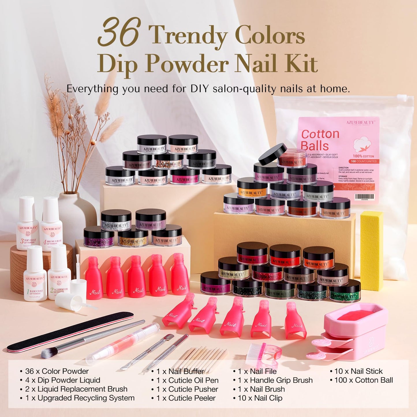 AZUREBEAUTY 170PCS Dip Nails Powder Nail Kit Purple Green Polarized Pink Shimmery Fall Winter 36 Colors Dipping Powder with Base Top Coat Activator Dip Liquid Set Nail Removal Accessories Starter Set