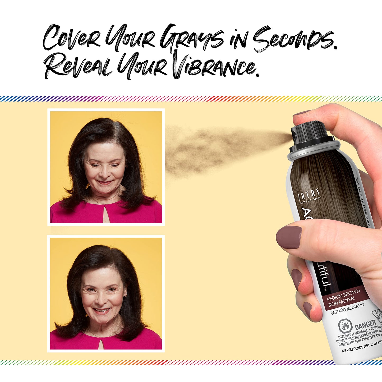AGE beautiful Root Touch Up Hair Color Spray | Touch-Up Gray Concealer | Temporary Cover Up | Adds Volume & Covers Thinning Patches | Water, Sweat, Stain Resistant | Medium Ash Brown | 2 Oz