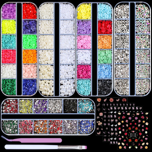 editTime 5 Boxes Shiny Colorful Nail Art Rhinestones Nail Stone Gems Design Kit and 4 sheets flower nail art stickers with a Curved Tweezers and a Nail Brush (6-rhinestones kit-3)
