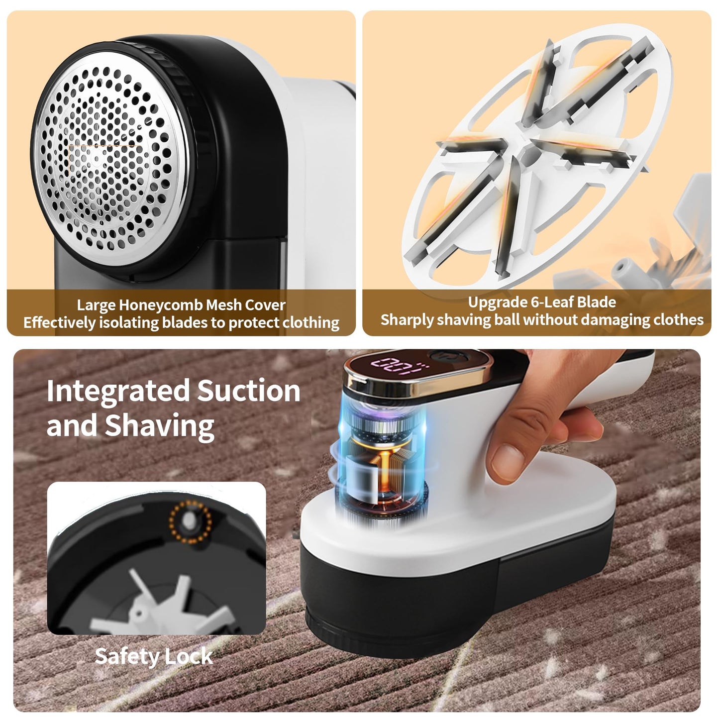 SUPER LINT Electric Fabric Shaver, Sweater Shavers with LED Display & Big Trash Container, Lint Shaver Rechargeable to Remove Fuzz, Lint, Pills for Clothes, Couch, White