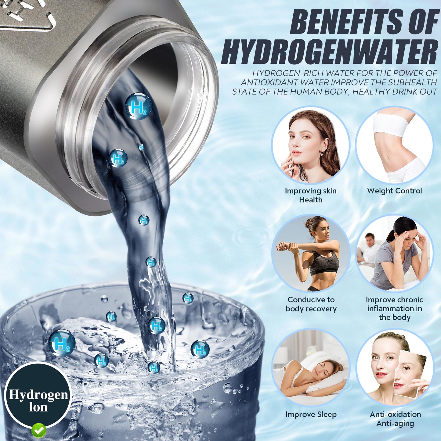 Hydra Pure Life Hydrogen Water Bottle Generator Up to 8000PPB with SPE & PEM, 2 Modes Rechargeable Portable 3-in-1 Multifunctional Hydrogen Water Machine with LED, Perfect for Office, Home, Gym