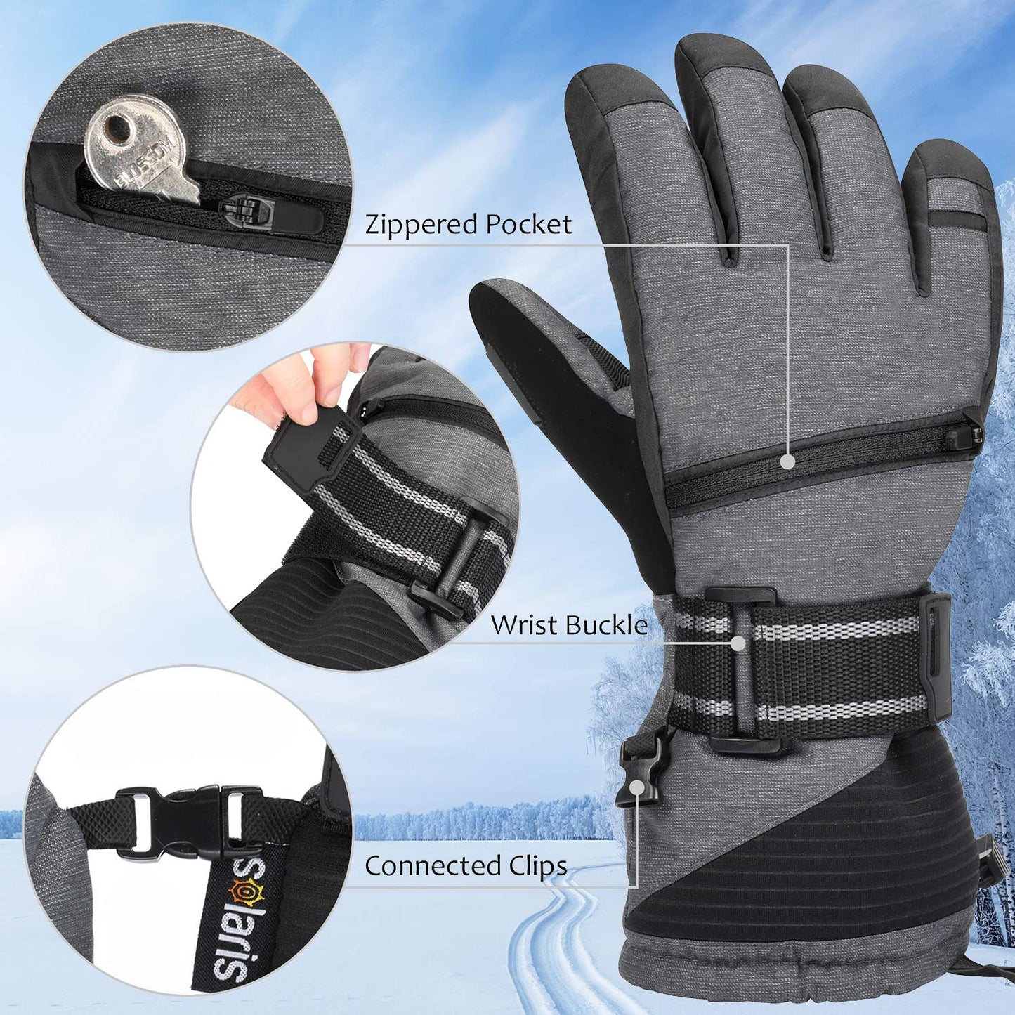 Solaris Waterproof Warm Ski Gloves, 3M Winter Cozy Thinsulated Snow Gloves for Skiing, Snowboarding, Shoveling, Cycling, Outdoor Sports, Great for Ski Lover
