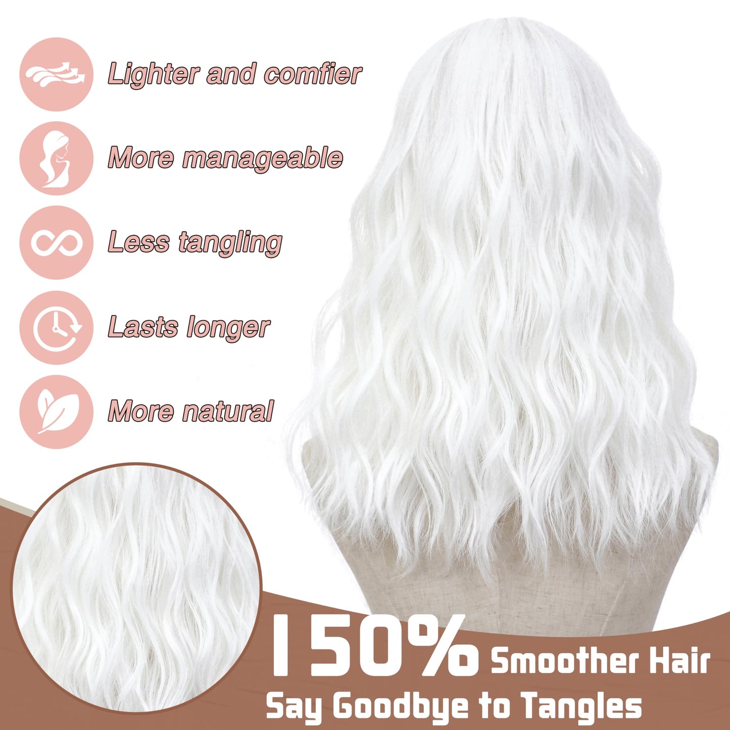 BUPPLER White Wig 18 Inch Medium Length Wigs for Women Middle Part Synthetic Hair Wavy Wig with Upgraded Strands,Natural Hair Wig for Daily Party/Halloween Use 18Inch,White