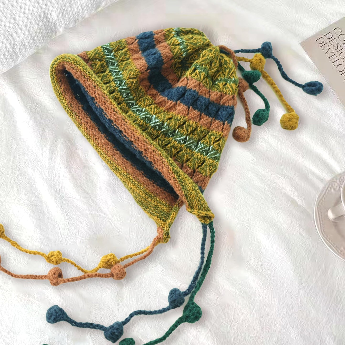 Colorful Crochet Beanie Hat for Women Ladies Knit Slouchy Beanies Ear Flaps with Cute Pom Pom Tassels Wide Brim Winter Fashion Rainbow Striped Skull Cap (Green Stripe)