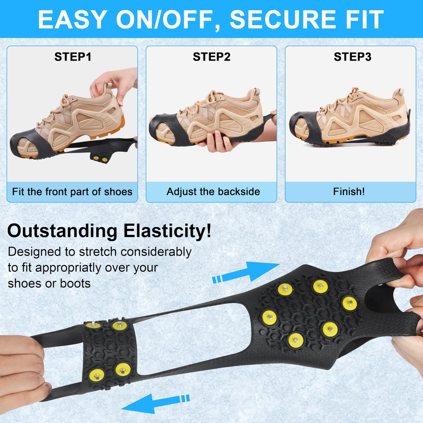 Ice Cleats for Shoes and Boots Ice Snow Grippers Anti-Slip Crampons 10 Studs Traction Cleat for Women Men Kids Hiking Fishing Walking Running Jogging