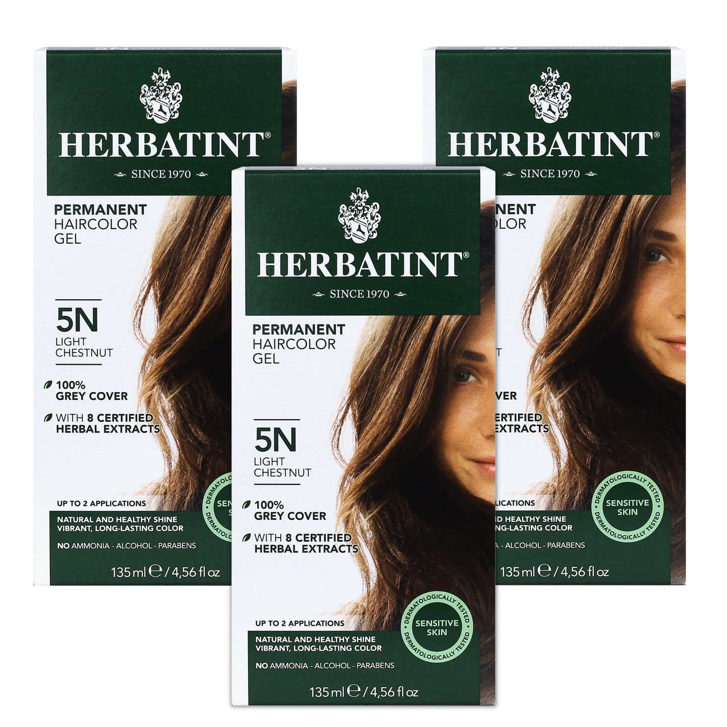 Herbatint Permanent Haircolor Gel, 5N Light Chestnut, Alcohol Free, Vegan, 100% Grey Coverage - 4.56 oz (3 Pack)