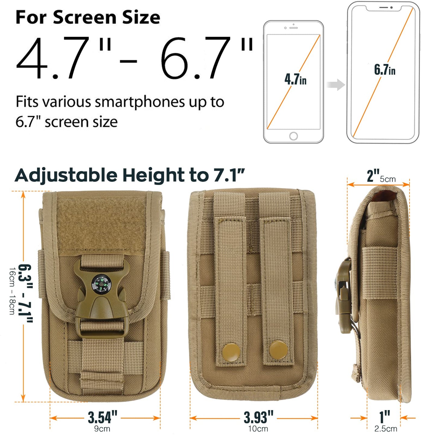WYNEX Tactical Molle Phone Pouch with Compass Buckle, Tactical Phone Holster Molle Cell Phone Pouch Universal Belt Waist Bag for IP 15/14/13 Pro Max / S22/S21 with US Patch & Paracord Keyring Clip