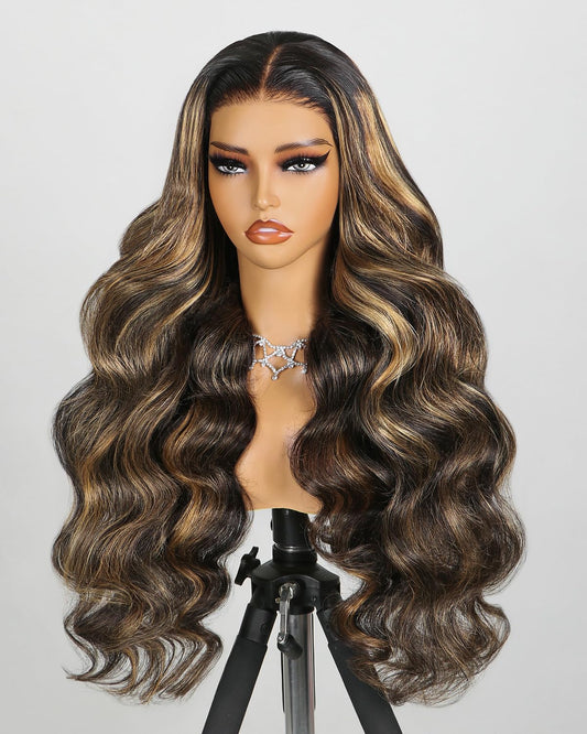 MEGALOOK Balayage Glueless Wig Human Hair Pre Plucked Pre Cut 6x5 Closure Wigs Human Hair Highlight Ombre Ready to Go Glueless Wigs Body Wave Wig Bleached Tiny Knots 1b/27 18 Inch