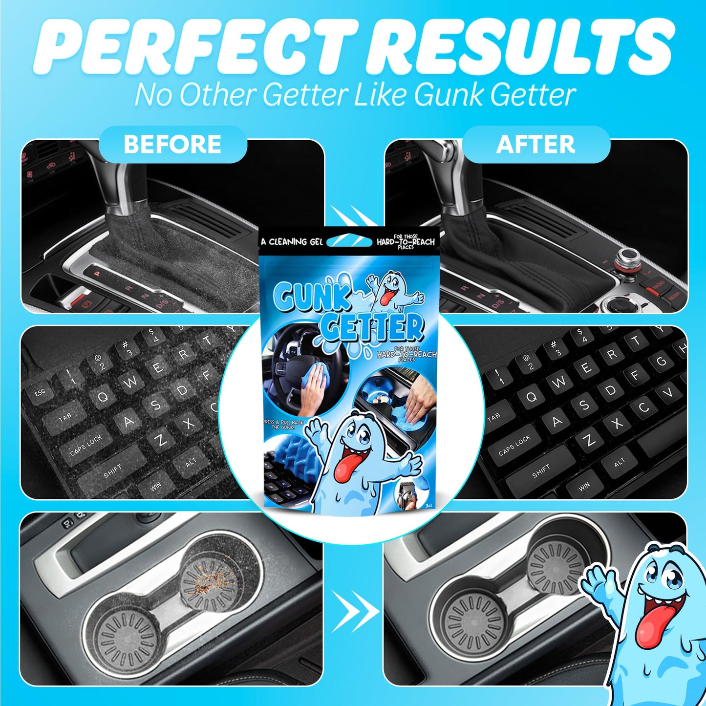 Gunk Getter PeerBasics, Cleaning Gel for Those Hard to Reach Places, Automotive Cup Holder Electronic Keyboard Office, Slime Gel Cleaner Dust Crumb Removal (Resealable Pouch, Blue, 3oz)