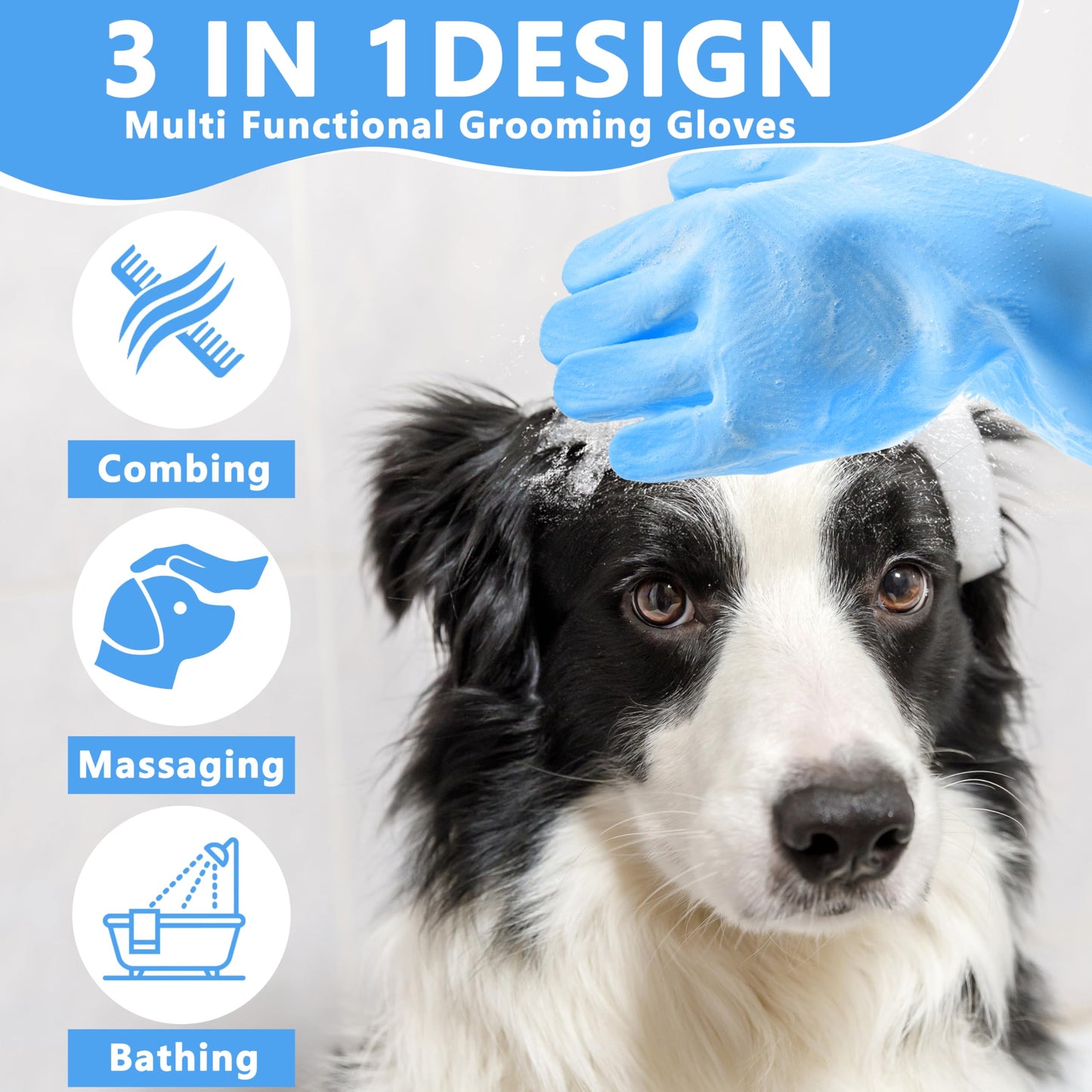 Maiiu Pet Grooming Gloves—Heat Resistant Dog Washing Gloves with High-Density Teeth, Dog Bath Scrubber with Enhanced Five Finger Design, Silicone Gloves for Dogs and Cats Bathing, Massage (Blue)