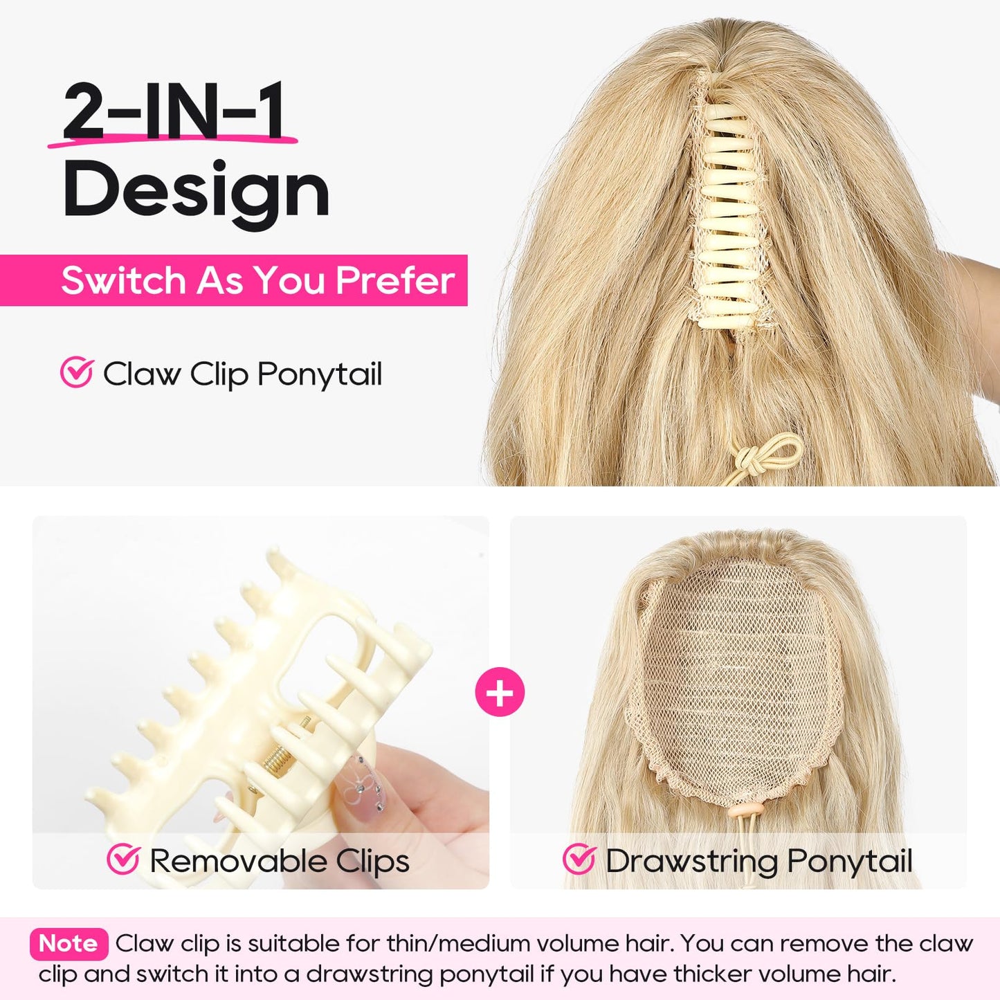 REECHO Ponytail Extension, 24" Claw Clip in Long Curly Wavy Ponytail Hair Extension Jaw Clip on Pony Tails Hairpiece for Women - Medium Blonde with Pale Highlights