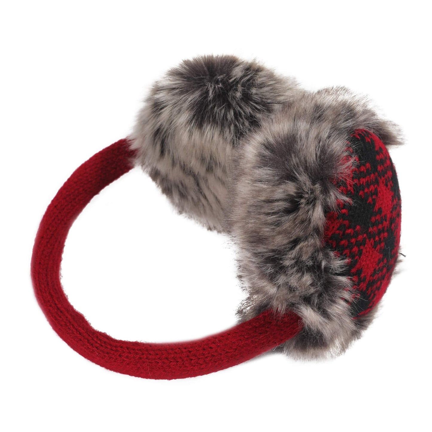 ZLYC Winter Faux Fur Adjustable Earmuffs Cute Knit Fuzzy Ear Muffs for Women Girls (Plaid Red)